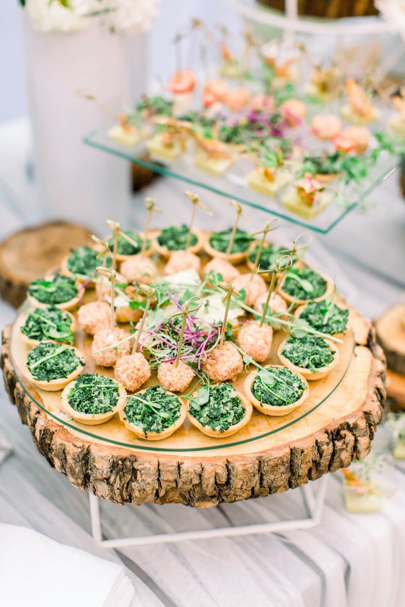 Delicious canapes as event wedding dish. Catering - served table with various snacks, canape and