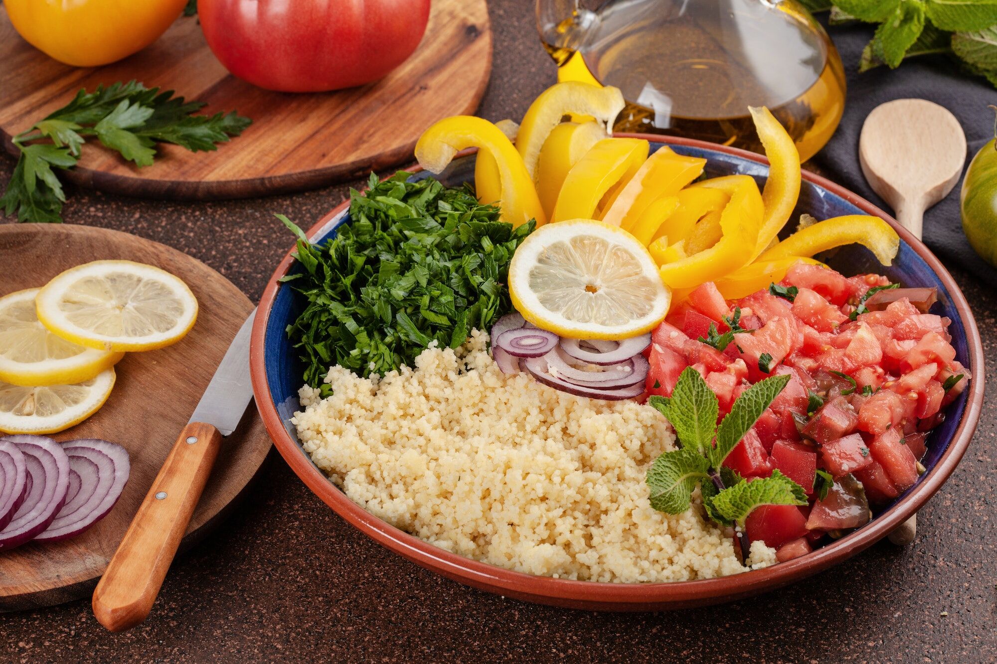 Fresh ingredients for salad with couscous. Healthy, vegeterian halal food concept