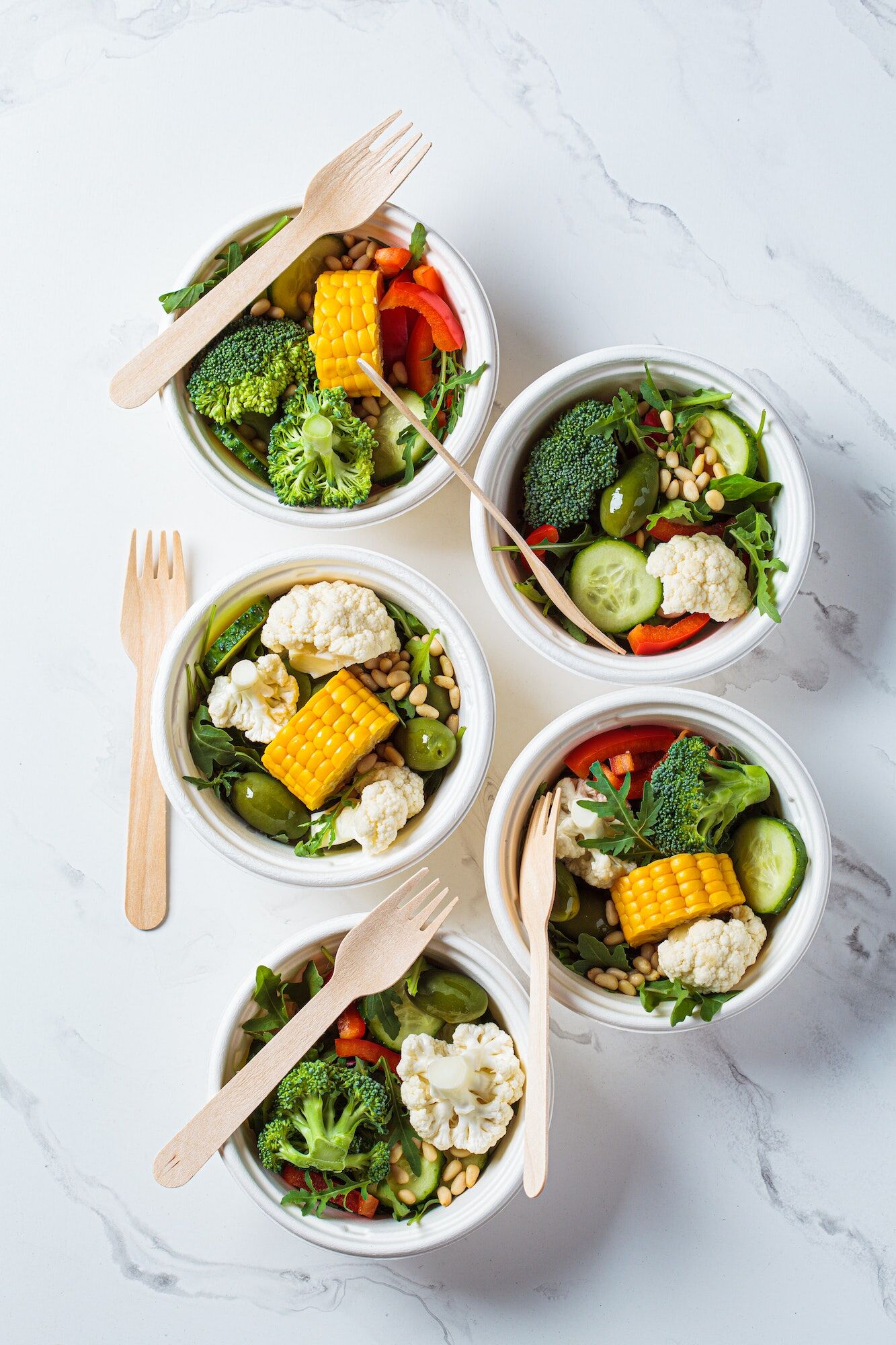 Vegan vegetable salad in paper take away bowls, Event Catering for Vegetarians in London