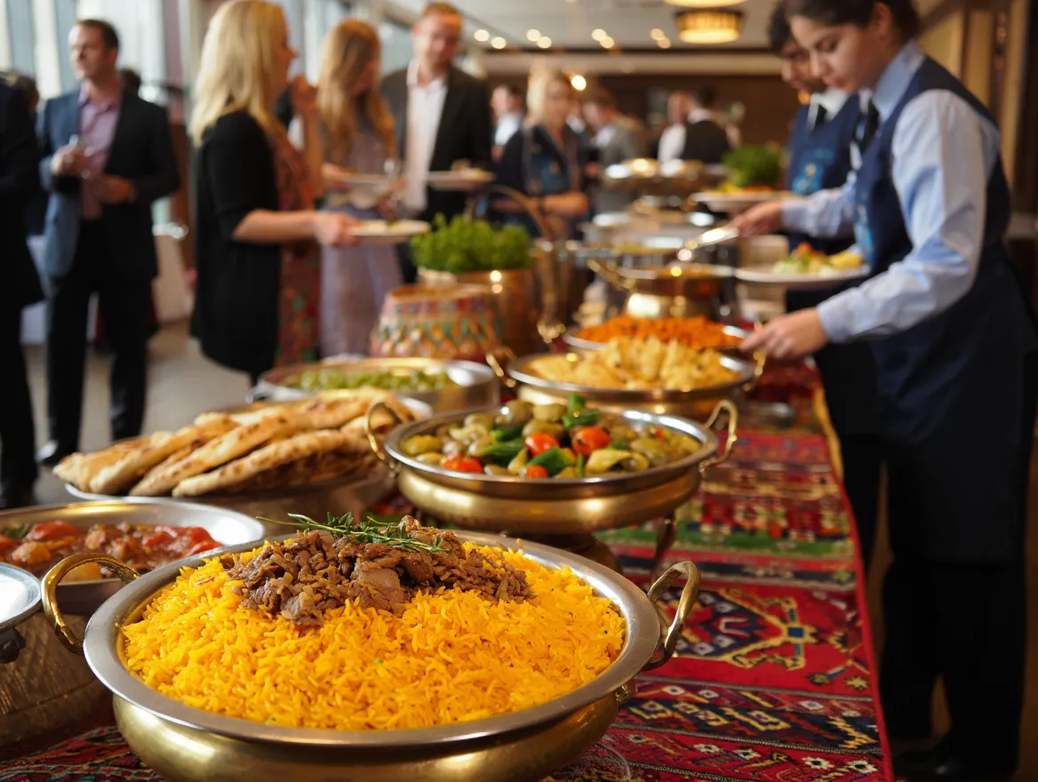 Server arranging traditional Afghan saffron rice and curry dishes at elegant buffet for business guests