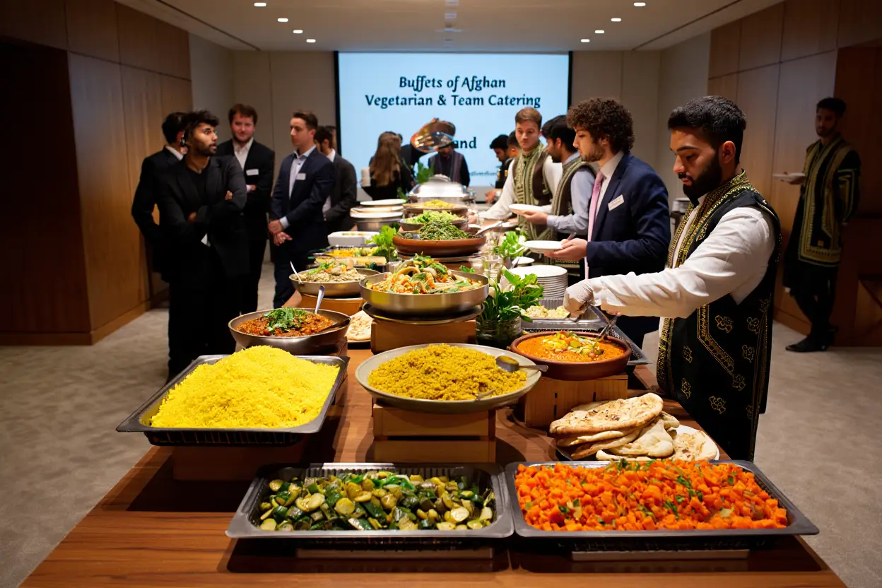 Catering staff serving traditional Afghan dishes at corporate buffet with colorful rice and vegetable platters