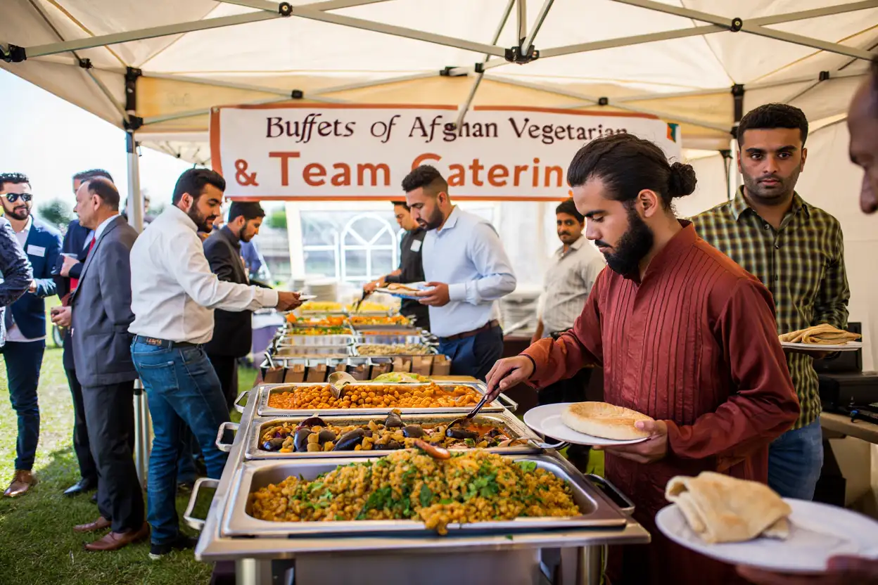 Guests serving themselves from Afghan vegetarian buffet with multiple curry dishes under white catering tent