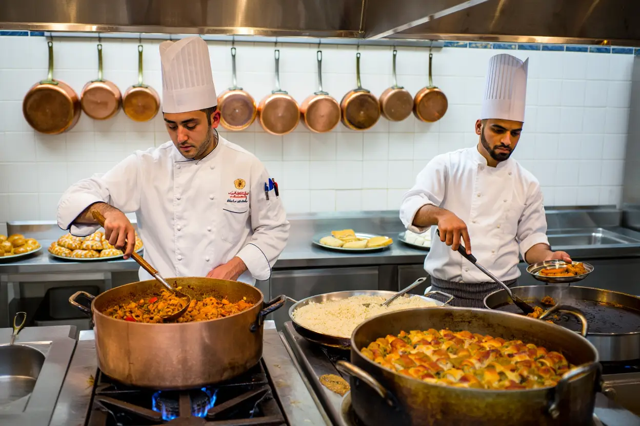Two chefs preparing traditional Afghan dishes in large copper pots in professional kitchen