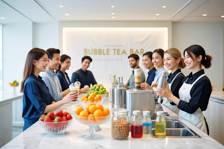 Professional bubble tea bar with fresh fruit ingredients and staff serving drinks to event guests