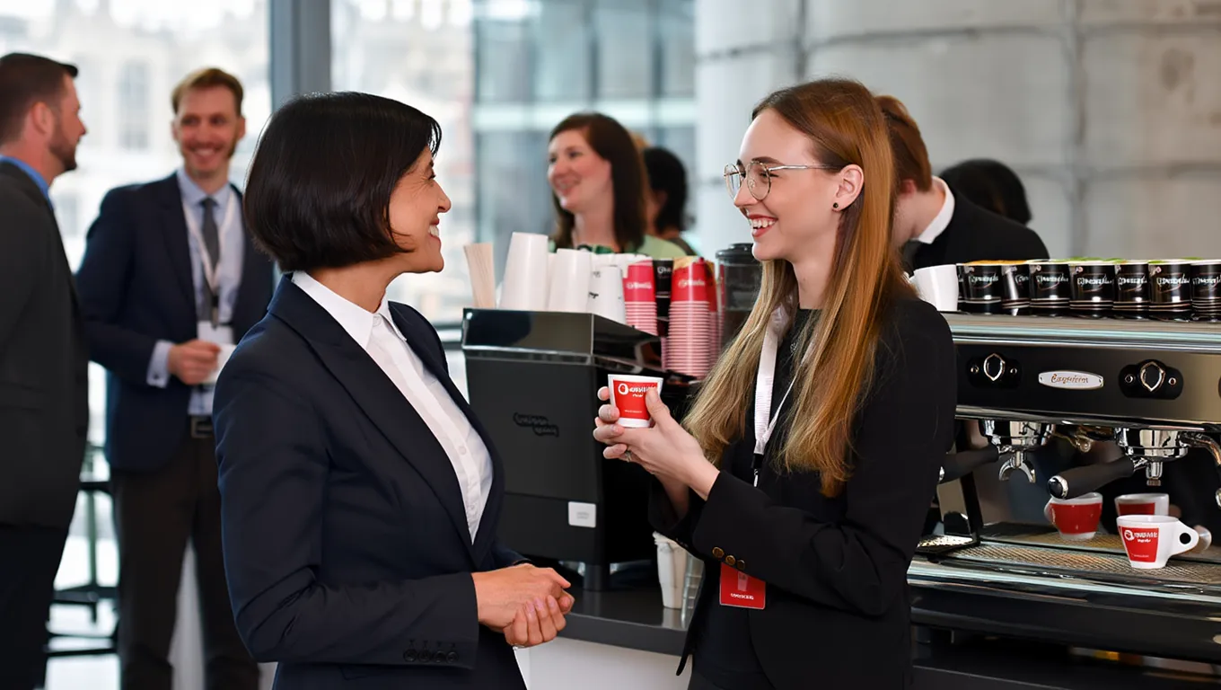 Two businesswomen chatting by an espresso machine as colleagues network in a modern office setting.