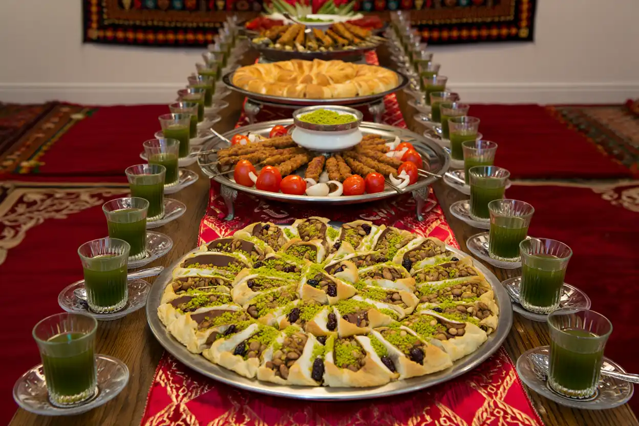 Elegant Afghan dessert display with pistachio sweets and traditional green tea service on ornate carpets