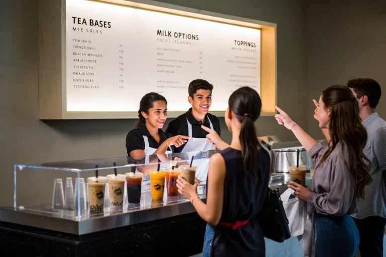 Staff explaining bubble tea menu options to customers with menu board showing tea bases and toppings