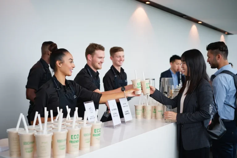 Catering team serving bubble tea in sustainable eco-friendly cups to corporate event attendees