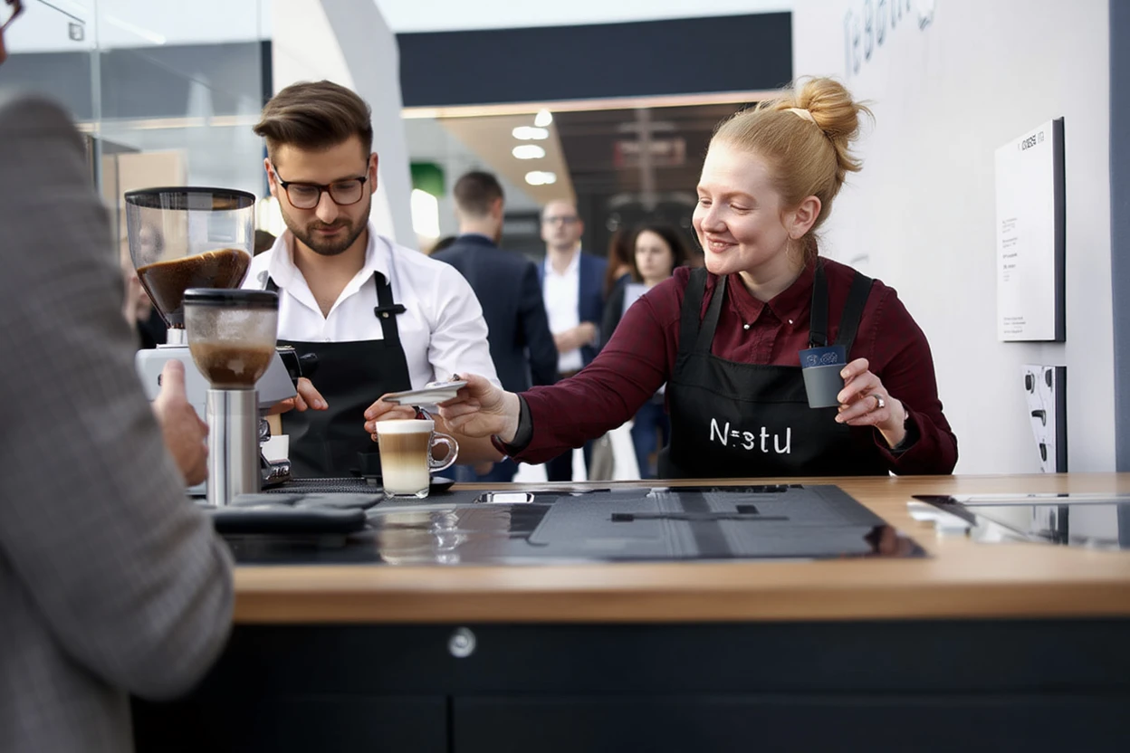 Two baristas preparing specialty coffee drinks at modern mobile coffee station for event attendees