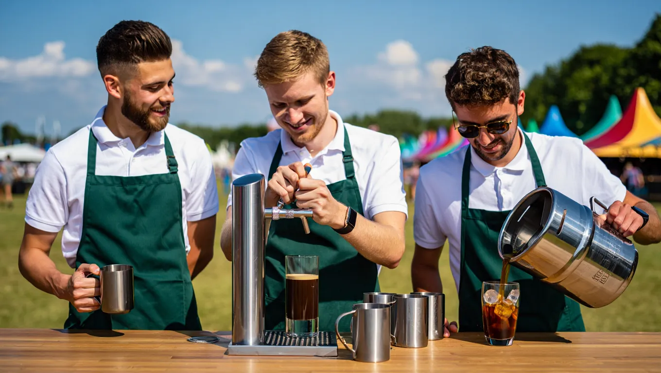 Three professional baristas demonstrating coffee brewing techniques at outdoor festival with colorful tents in background