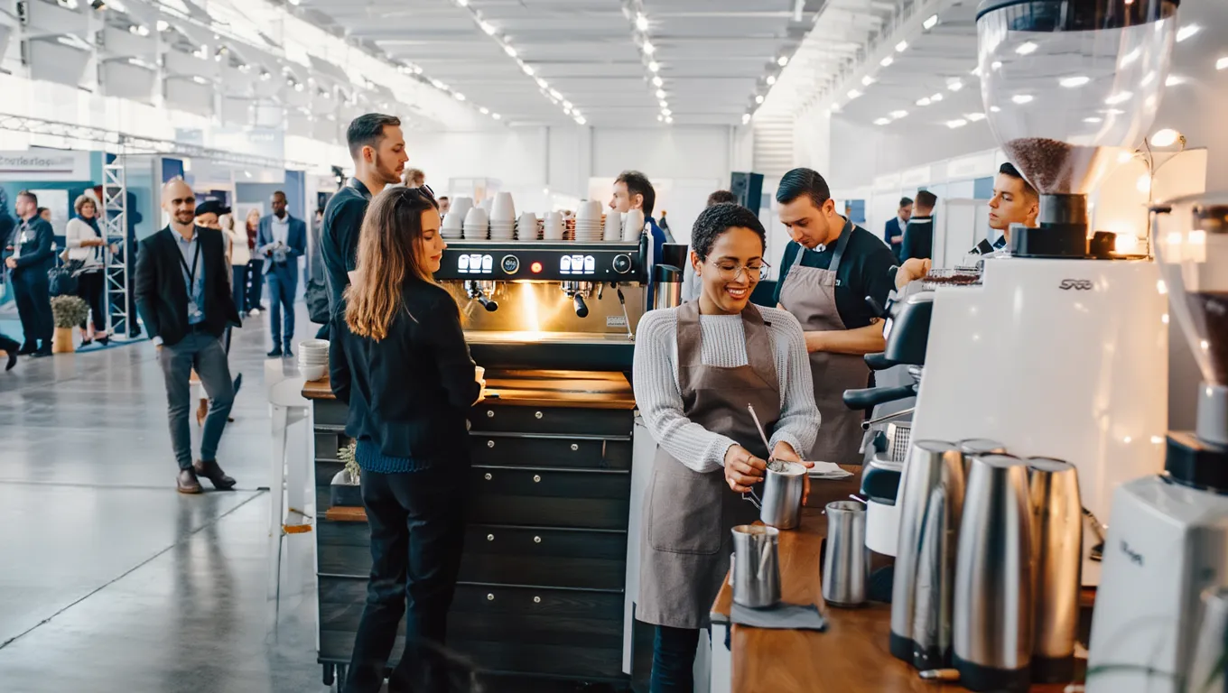 Professional barista preparing coffee at mobile espresso station while attendees gather at large exhibition venue