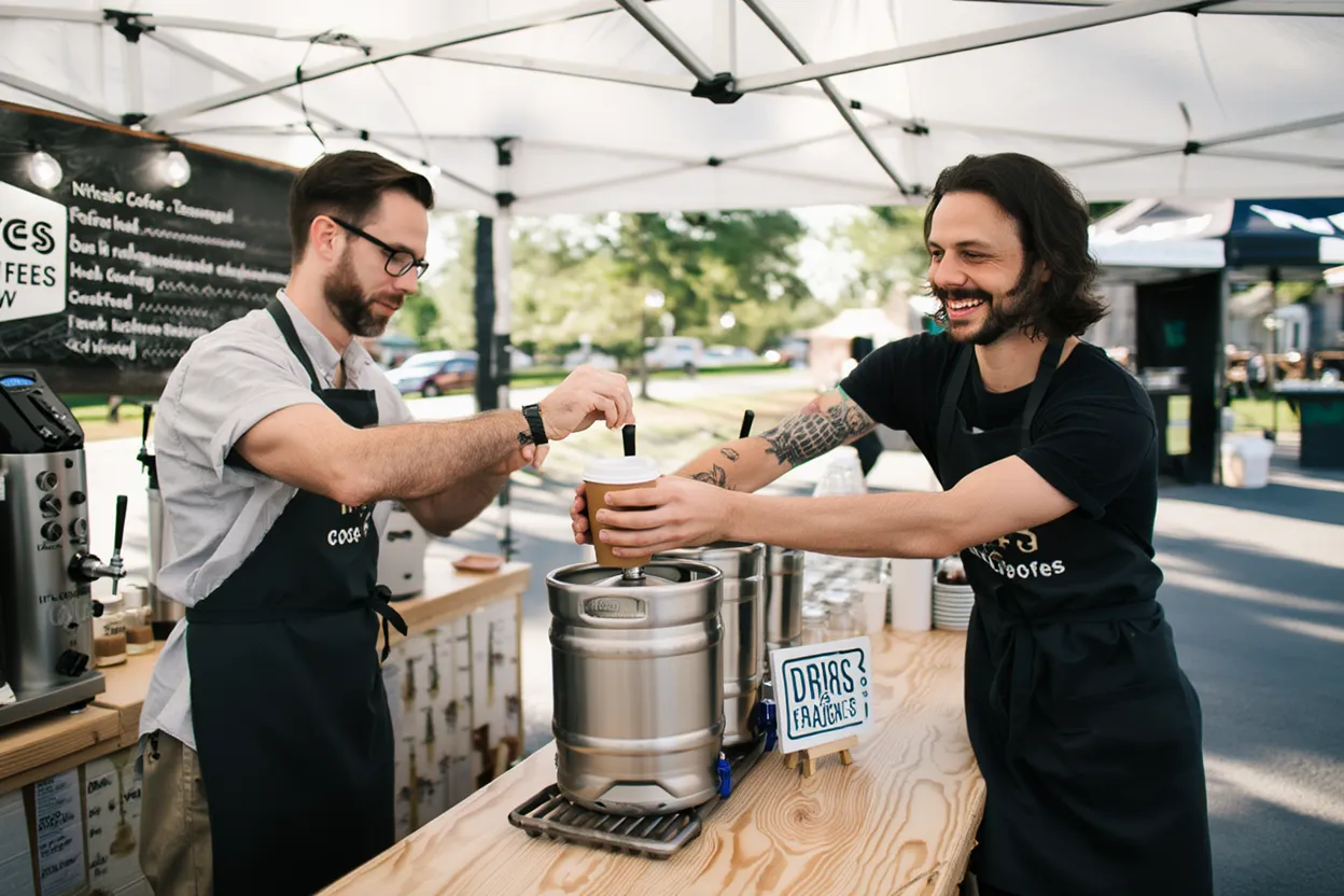 Two baristas preparing fresh coffee from tap system at outdoor mobile coffee station under white canopy tent