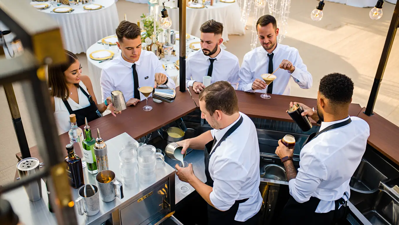 Professional bartending team preparing specialty drinks at elegant mobile bar station for formal event guests