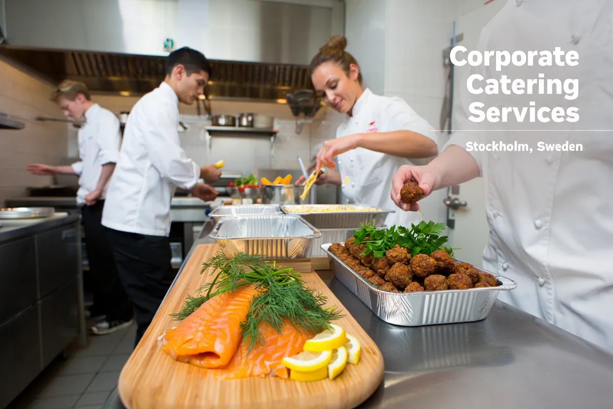Chef garnishing meatballs in a tray while a colleague prepares salmon with dill in a kitchen