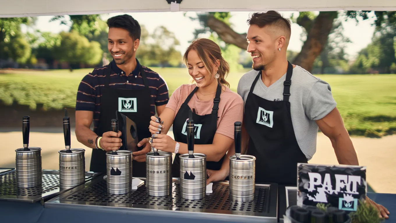 Three baristas operating multiple cold brew tap systems at outdoor coffee station in sunny park setting