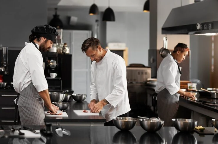 Professional chefs plating dishes in commercial kitchen with stainless steel equipment and mixing bowls