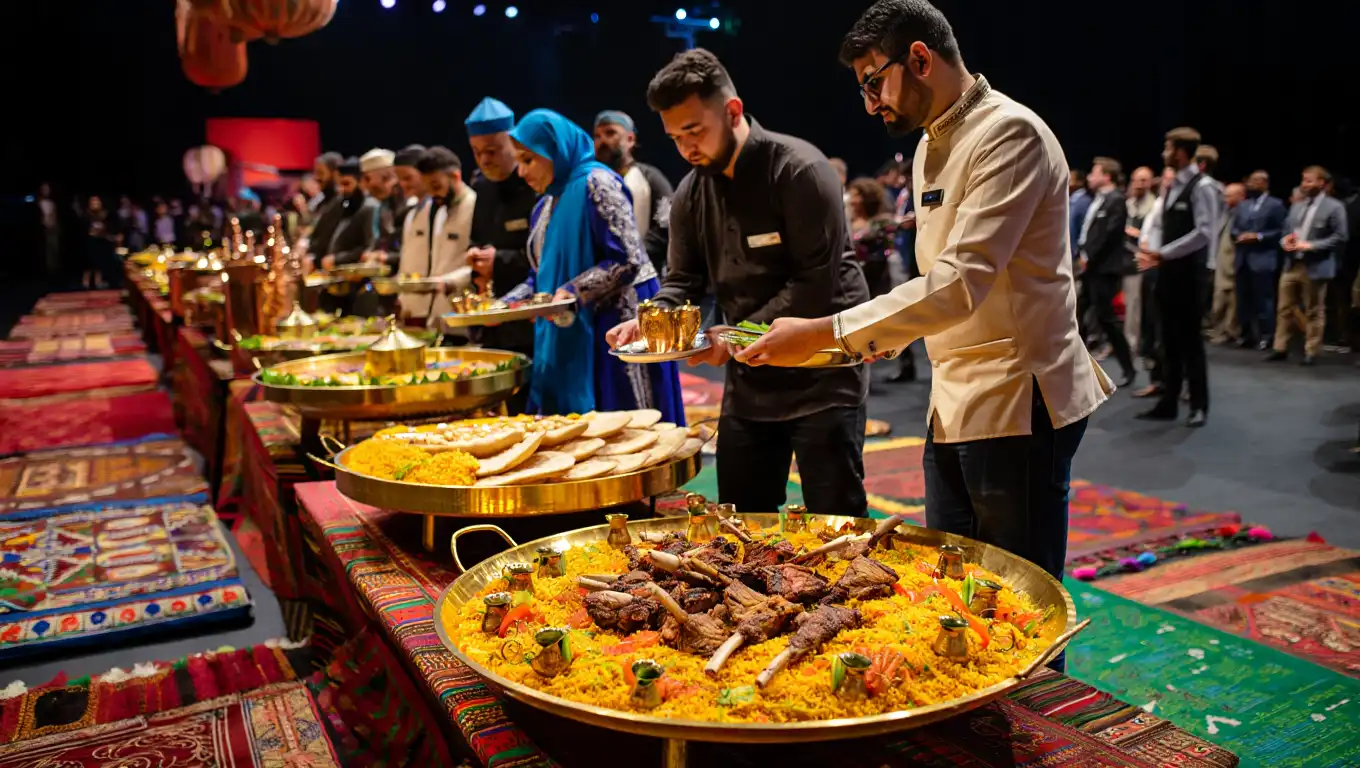 Chef serving traditional Afghan rice pilaf with meat from large golden platter at cultural event
