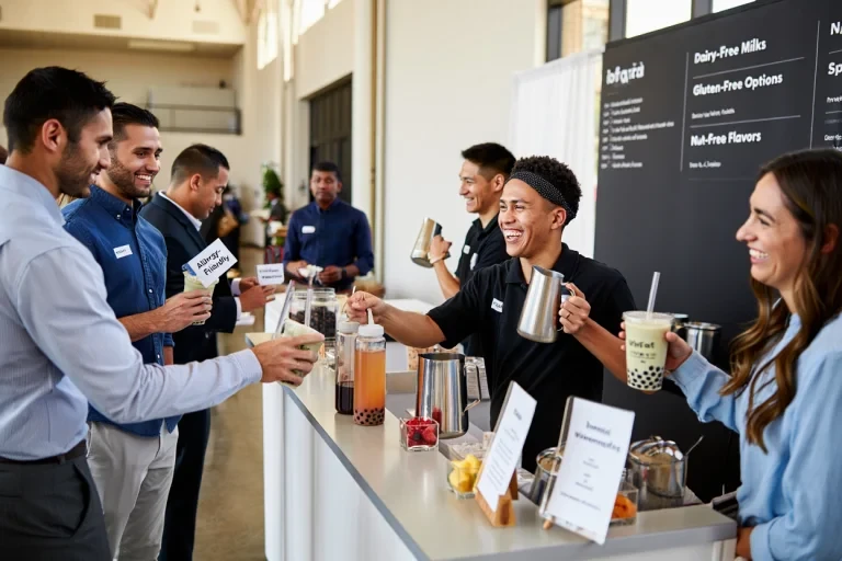 Catering staff serving bubble tea to corporate clients with dairy-free and allergen menu options displayed