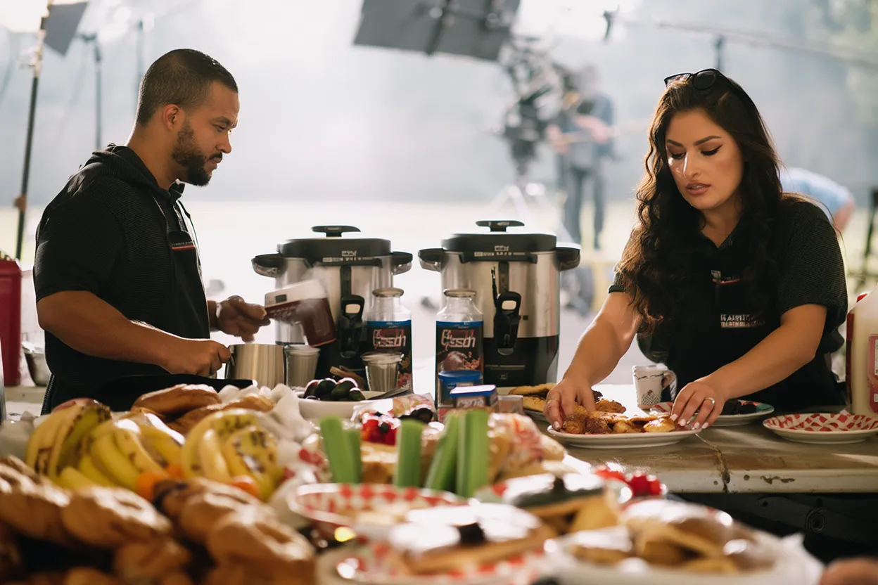 Two caterers arranging fresh pastries and operating coffee dispensers at outdoor wedding reception setup