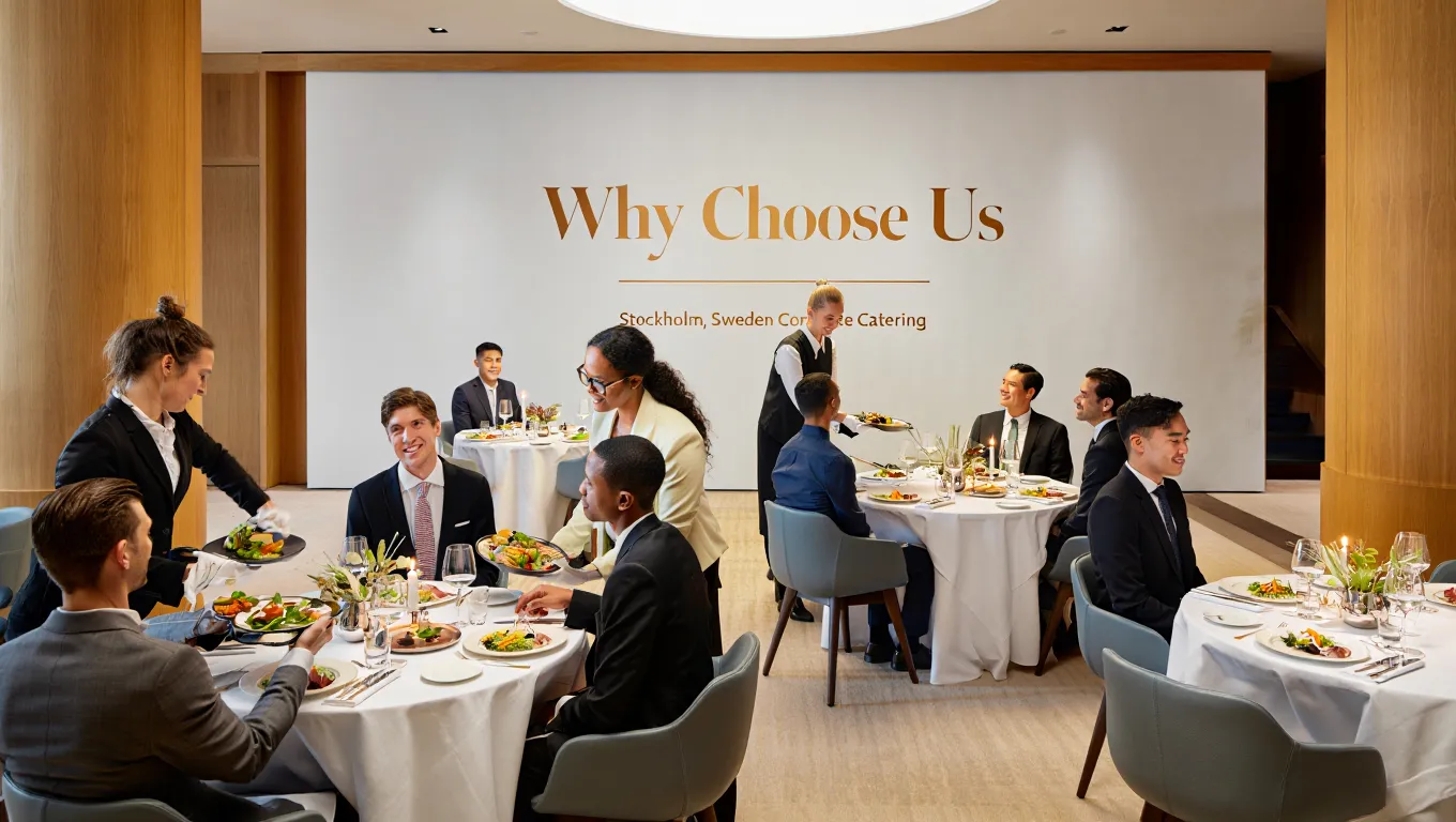 Professional waitstaff serving executives at elegant corporate dining event in modern Stockholm venue