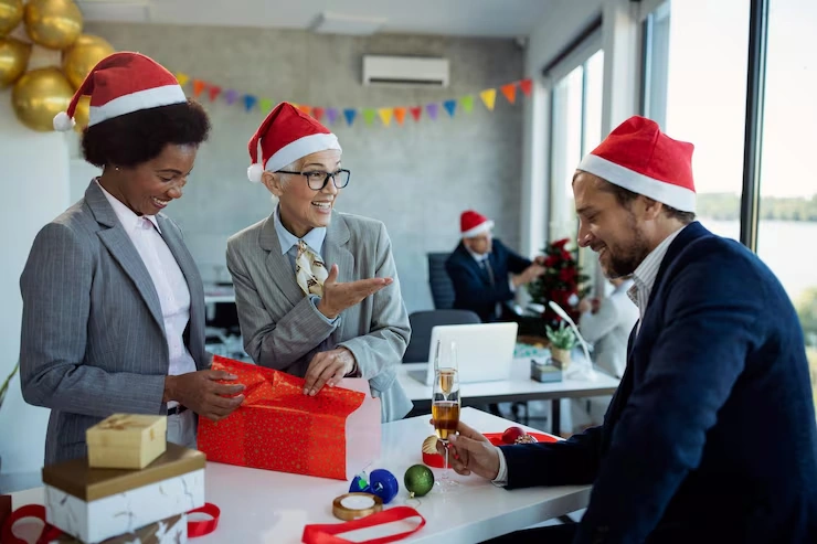 Festive gathering with Christmas decorations.