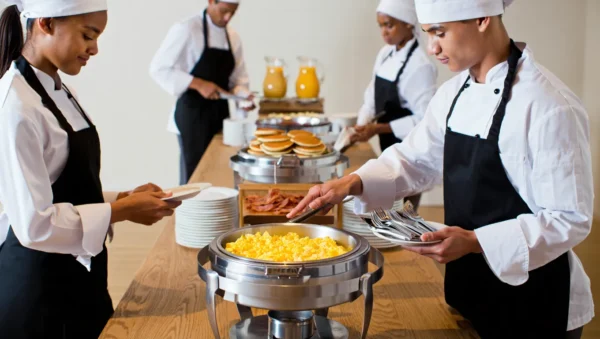 Catering staff serving a fresh breakfast buffet with hot dishes, pastries, and fruits for a corporate event in Copenhagen