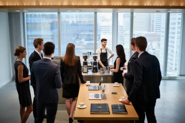 Barista serving coffee to corporate professionals during an indoor business event with a mobile coffee catering setup.