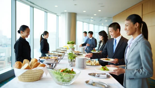 Conference catering table with neatly arranged meals, beverages, and snacks prepared for event attendees.