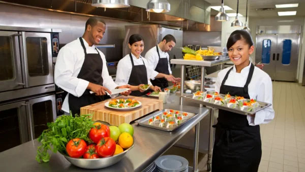 Chefs preparing gourmet dishes in a professional kitchen for a corporate event catering service.