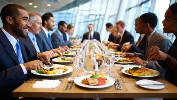 Business professionals enjoying a catered corporate luncheon with plated meals in a modern office setting.