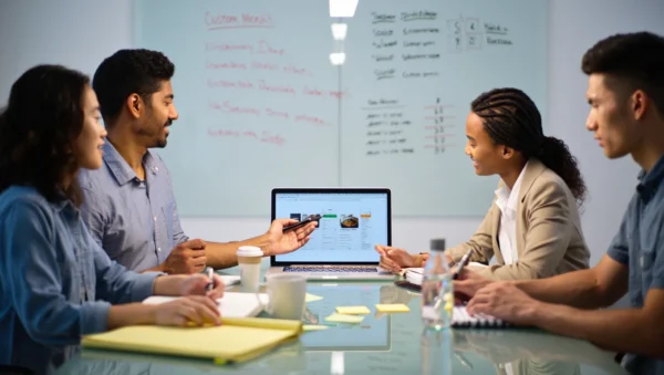 Team discussing custom menu creation during a corporate catering planning meeting.