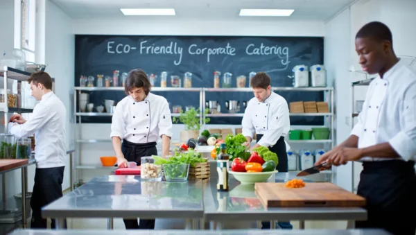 Eco-friendly corporate catering setup with fresh, sustainably sourced dishes and reusable serving ware.