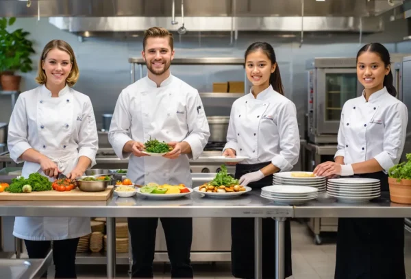 Chefs preparing dishes with fresh, locally sourced ingredients for eco-friendly catering in Copenhagen.