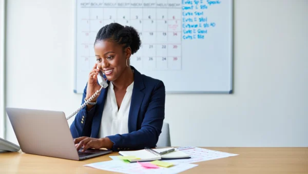 Event planner coordinating logistics and reviewing setup details for a professionally organized event with décor, catering, and schedules displayed.