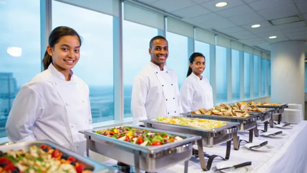 Catering staff presenting a professional executive business lunch setup in Denmark with a variety of buffet dishes.