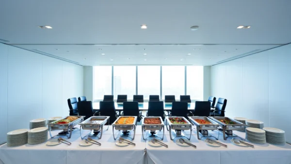 Buffet-style catered meal setup prepared for an executive meeting in a modern conference room.