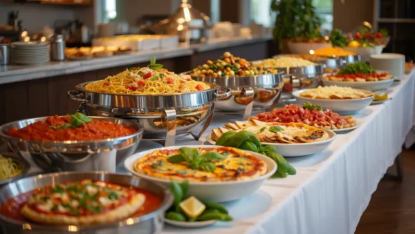 Italian buffet catering table filled with a variety of pasta dishes, pizzas, antipasti, salads, and desserts arranged for an event.