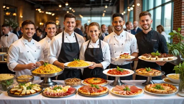 Italian chefs posing behind a table of classic Italian dishes at a catering event in London.