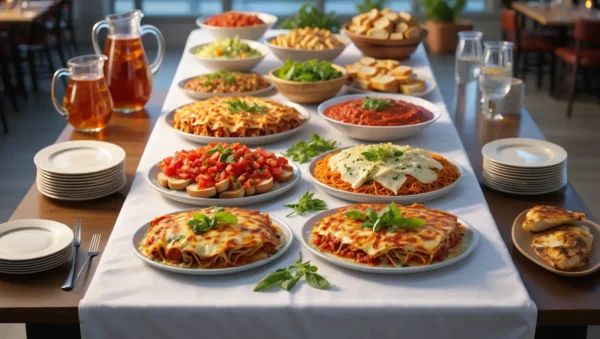 Elegant Italian wedding catering display featuring gourmet pasta, antipasti, and desserts arranged beautifully on a decorated reception table.
