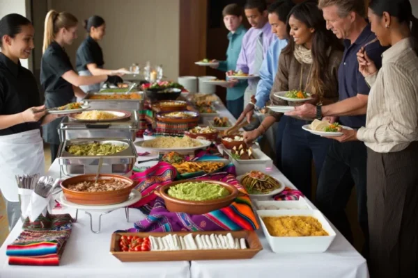 Mexican buffet catering setup with guests serving themselves a variety of traditional dishes including guacamole, tacos, rice, and salsa at an event.
