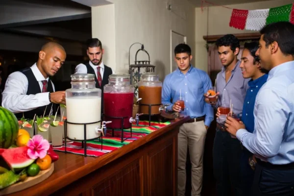 Bartender serving traditional Mexican drinks from large glass dispensers at a colorful Mexican drink station during an event.