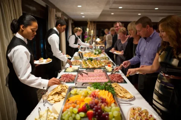 A beautifully arranged Mexican party platter buffet with fresh fruits, appetisers, and assorted dishes being served by staff to guests at an indoor event.