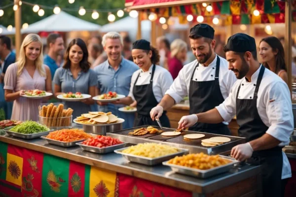 Chefs preparing tacos at a colourful Mexican street food stall with guests lining up at an outdoor event.