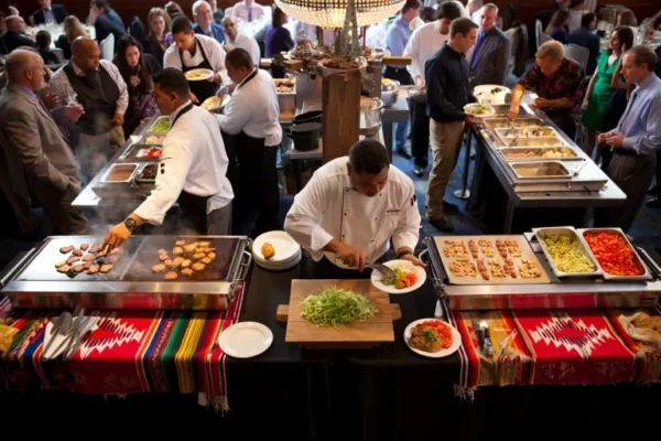 Chefs preparing fresh Mexican dishes at a live on-site catering station during an event with guests lining up for food.
