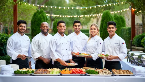 Outdoor event catering setup featuring elegantly arranged tables, fresh food stations, and guests enjoying a meal in a scenic open-air setting.