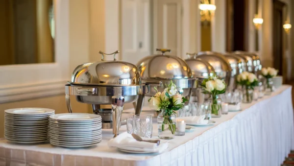 Private party catering setup featuring Italian delicacies such as antipasti, gourmet canapés, pasta dishes, and artisanal desserts arranged on an elegant table.