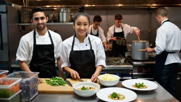 Chefs preparing fresh dishes in a professional kitchen for private party catering.