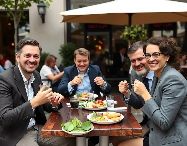 Group enjoying lunch at outdoor table.