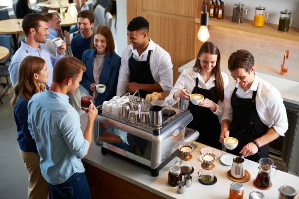 Baristas serving speciality coffee and beverages to guests at a modern event coffee station.