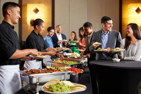 Guests enjoying a taco bar setup at an event with chefs serving fresh tacos and toppings.